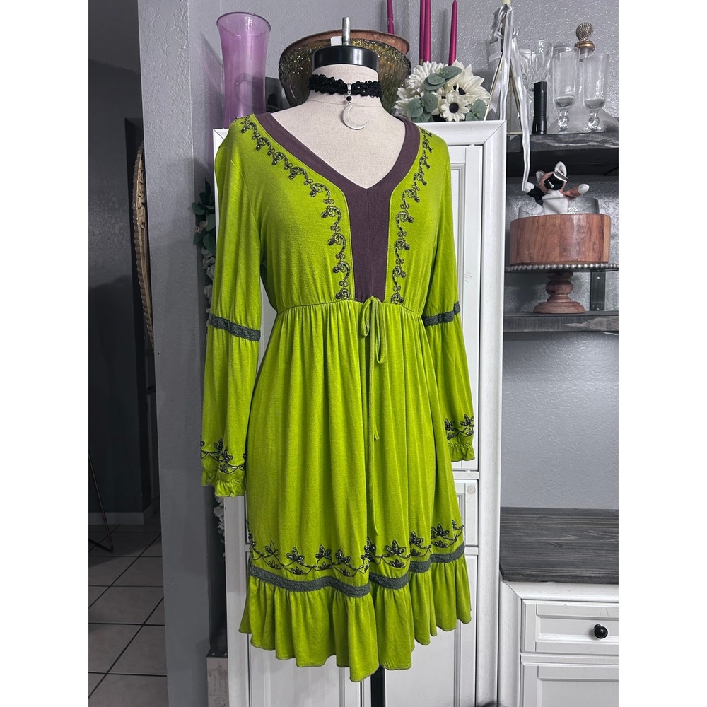 Green Cotton Boho Beaded V-Neck Ruffle Mini Dress Brown Trim MEDIUM